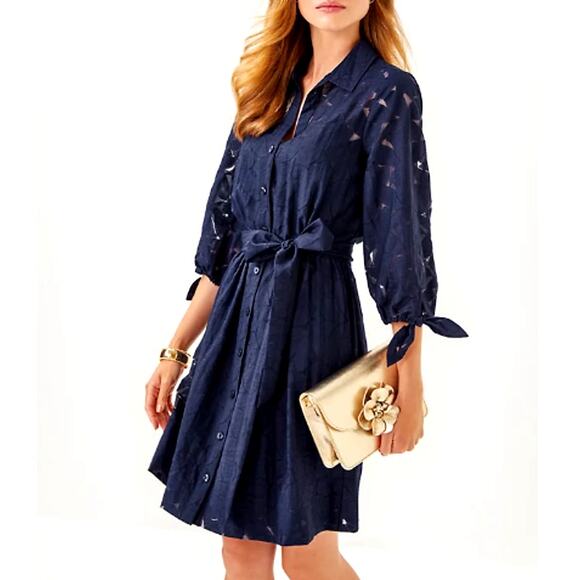 Lilly Pulitzer Women's True Navy Flora Faille Amrita Shirtdress Size 8 - Picture 3 of 9
